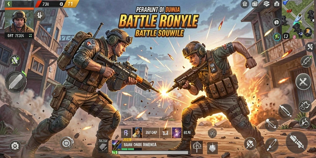Screenshot 73K menampilkan aksi pertarungan Battle Royale yang seru.