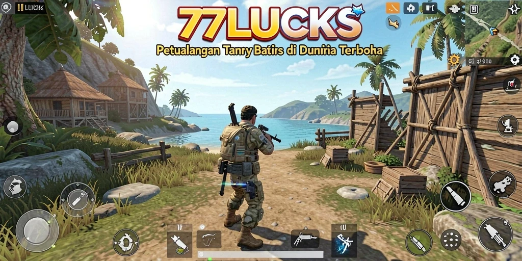 Screenshot gameplay 77LUCKS menampilkan eksplorasi dunia terbuka yang luas.