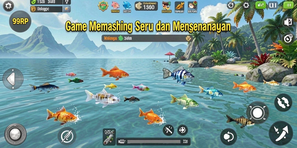 Gameplay seru 99RP menampilkan aksi memancing di berbagai lokasi.