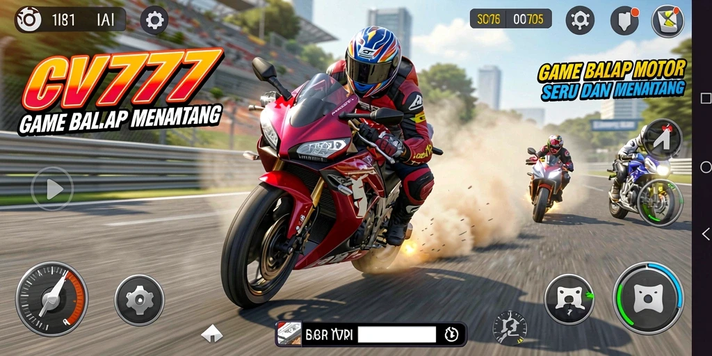 Tampilan gameplay CV777 dengan serunya balap motor di trek yang menantang.