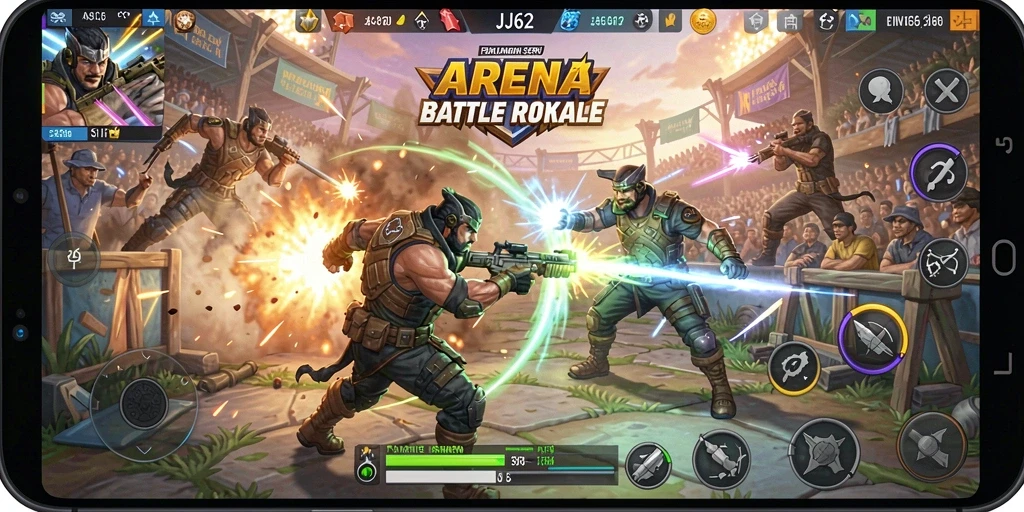 Screenshot gameplay <strong>JJ62</strong> yang menunjukkan pertempuran seru di arena Battle Royale.