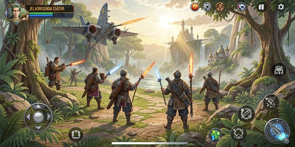 Screenshot gameplay menampilkan pertempuran strategis dan pembangunan kerajaan.