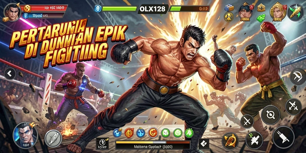 Screenshot gameplay OLX128 menampilkan pertarungan seru dan karakter unik.