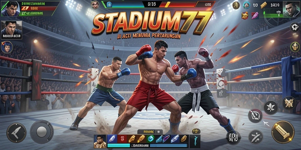 Tampilan menegangkan dari gameplay STADIUM77 di arena pertarungan.
